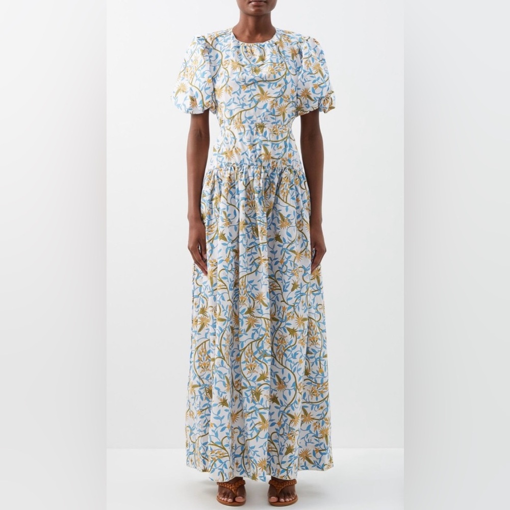 Agua by Agua Bendita Maxi Dress Cream and Blue Floral Puff Sleeve Cotton Size L
